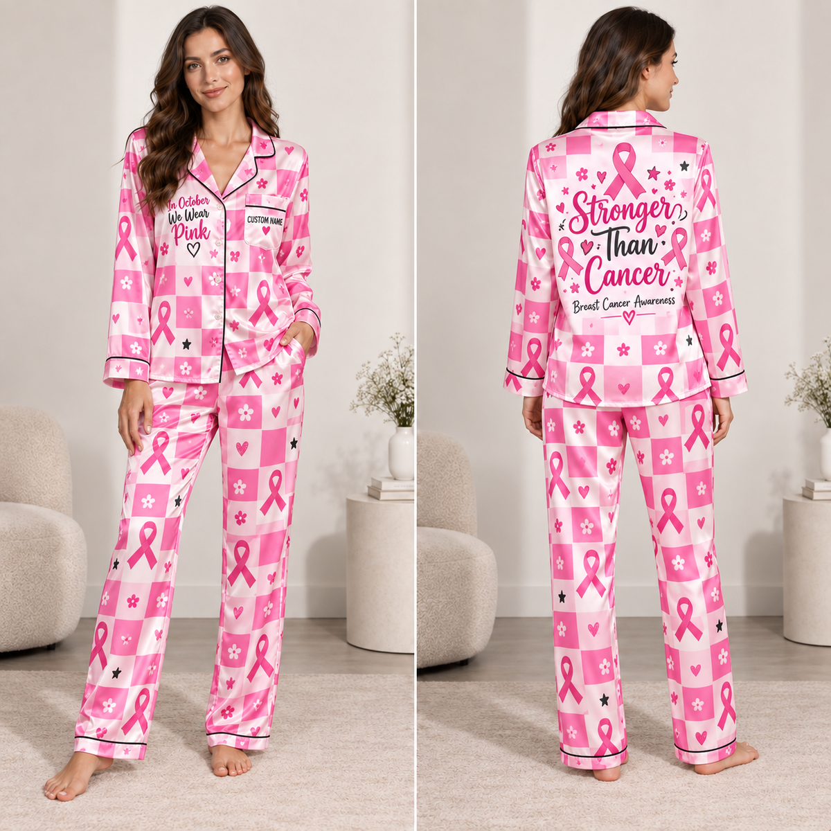 satin pajamas with pink checkered breast cancer awareness print, front view
