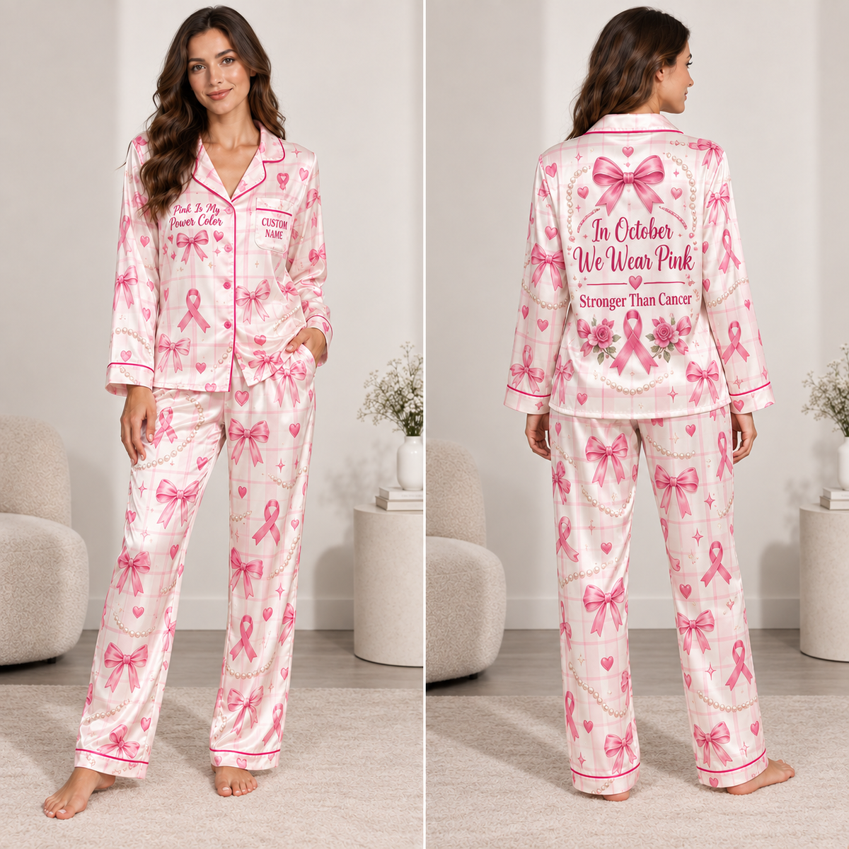 woman modeling a pink plaid satin pajama set with breast cancer ribbon
