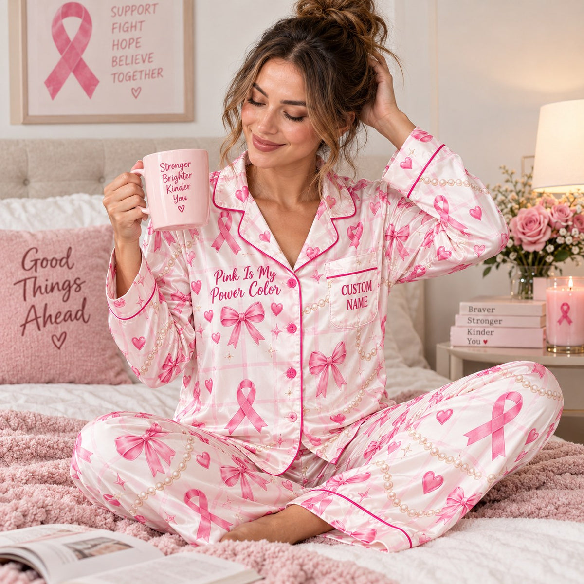 back view of the personalized pink satin pajamas showing the in october