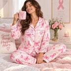 smiling woman in the personalized pink plaid satin pajamas holding a stronger