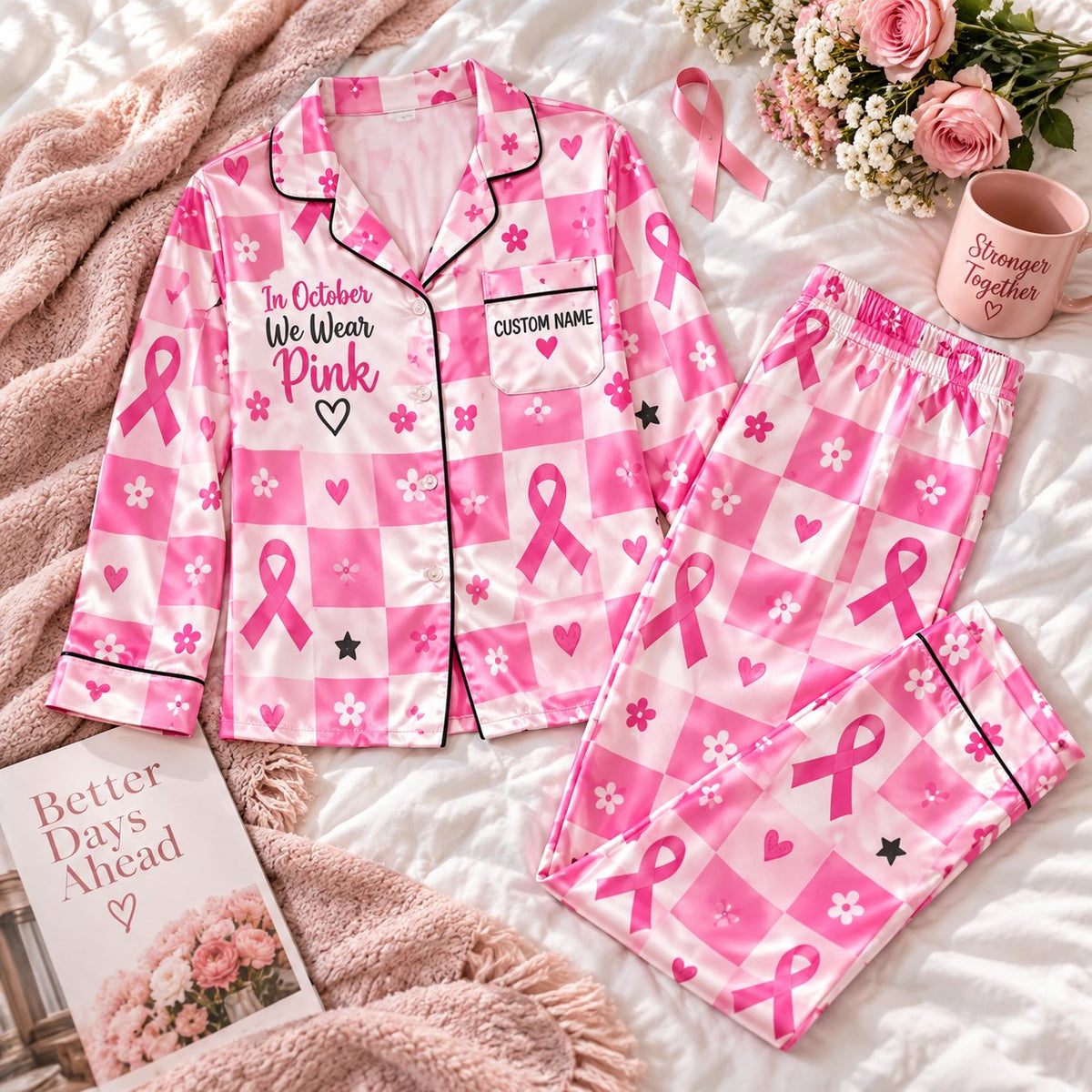 pink heart ribbon satin pajamas flat lay with a custom name on the chest