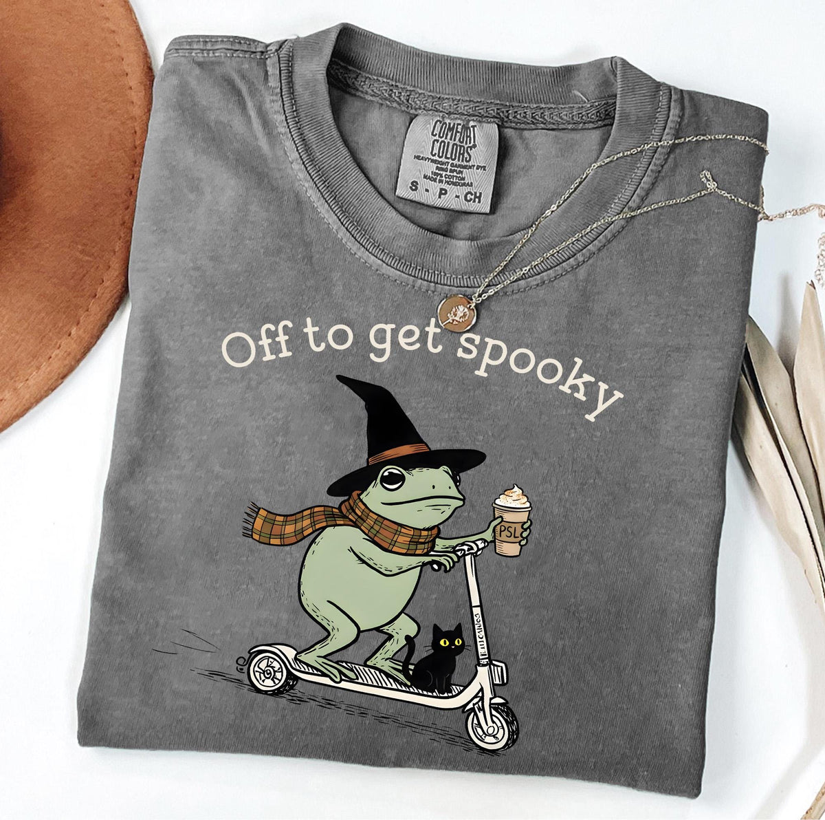 off to get spooky frog graphic tee and hoodie with pumpkin spice