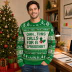 man wearing a green ugly christmas sweater with the quote OHH THIS