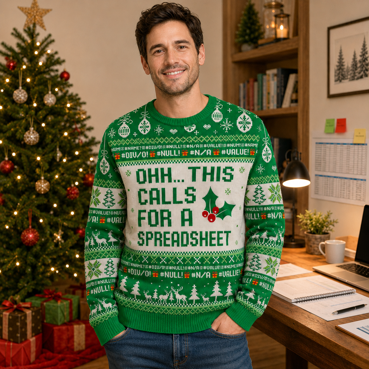 man wearing a green ugly christmas sweater with the quote OHH THIS