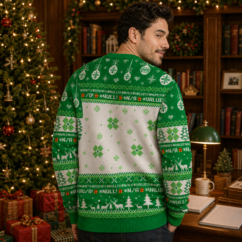 back view of a knitted green christmas pullover showing a snowflake and