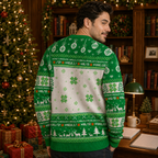 back view of a knitted green christmas pullover showing a snowflake and