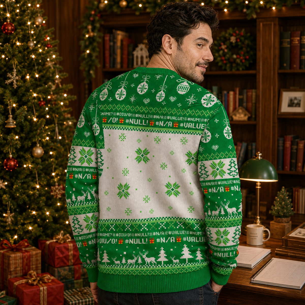 back view of a knitted green christmas pullover showing a snowflake and