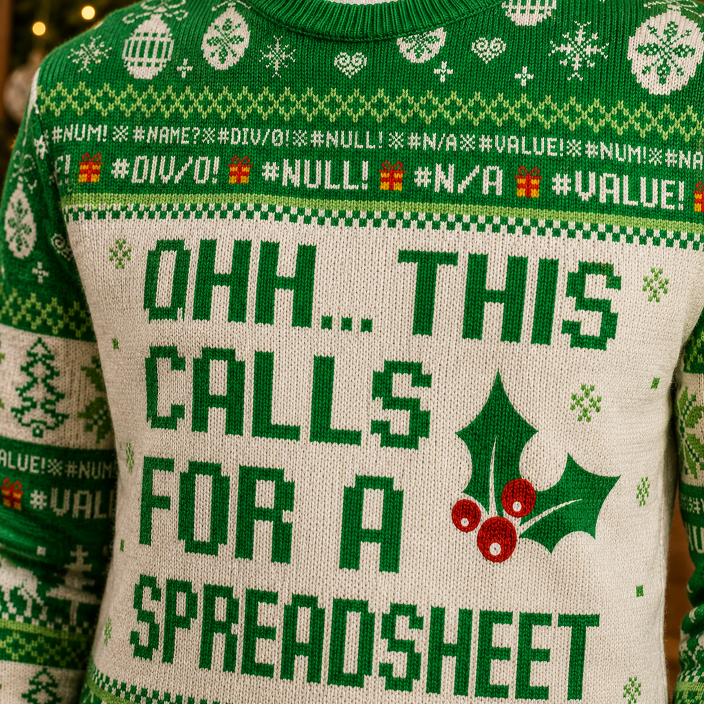 close up of the knitted jacquard pattern showing OHH THIS CALLS FOR