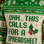 close up of the knitted jacquard pattern showing OHH THIS CALLS FOR