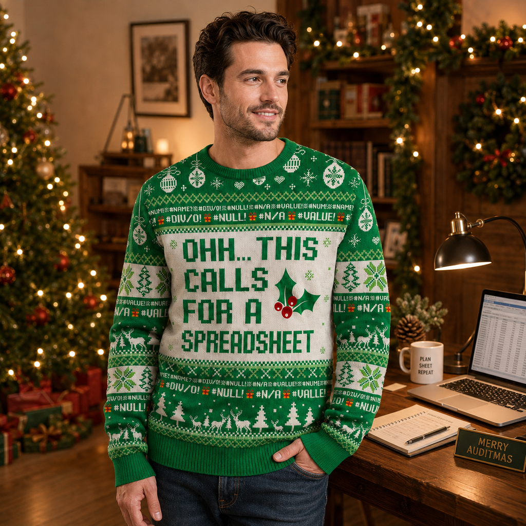 knit christmas sweater styled next to a laptop and notebook in a