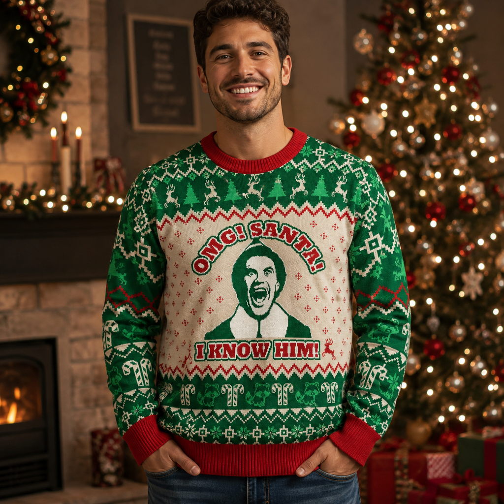 ugly christmas sweater with man yelling santa quote on green knit
