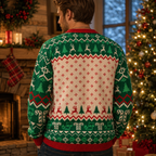 back view of green and cream knitted christmas sweater with reindeer