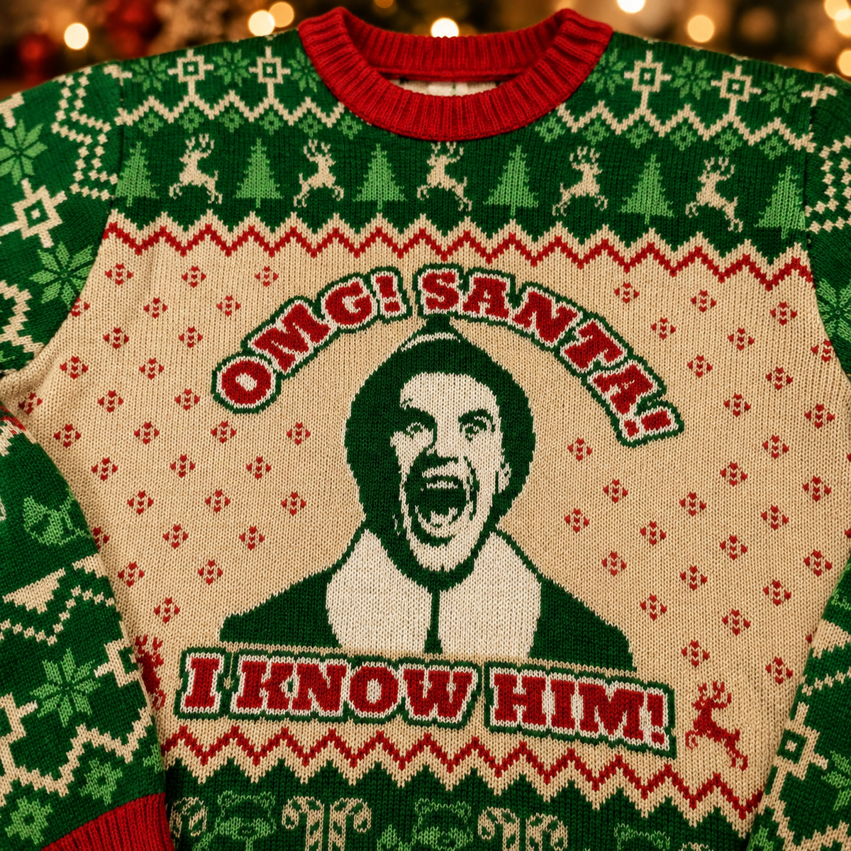 close up of OMG Santa I Know Him quote knitted into sweater