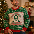 model wearing green ugly christmas sweater in festive room
