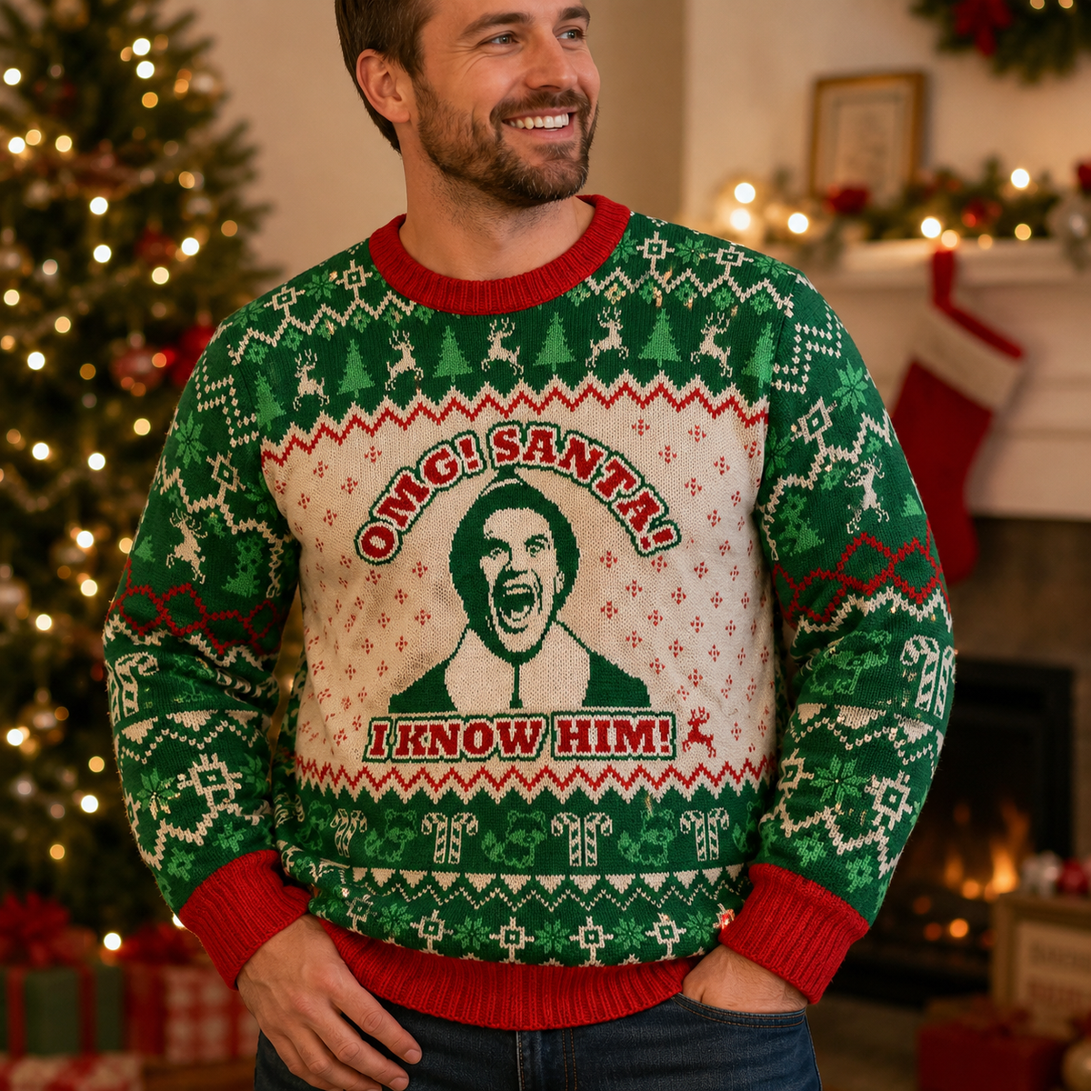 model wearing green ugly christmas sweater in festive room