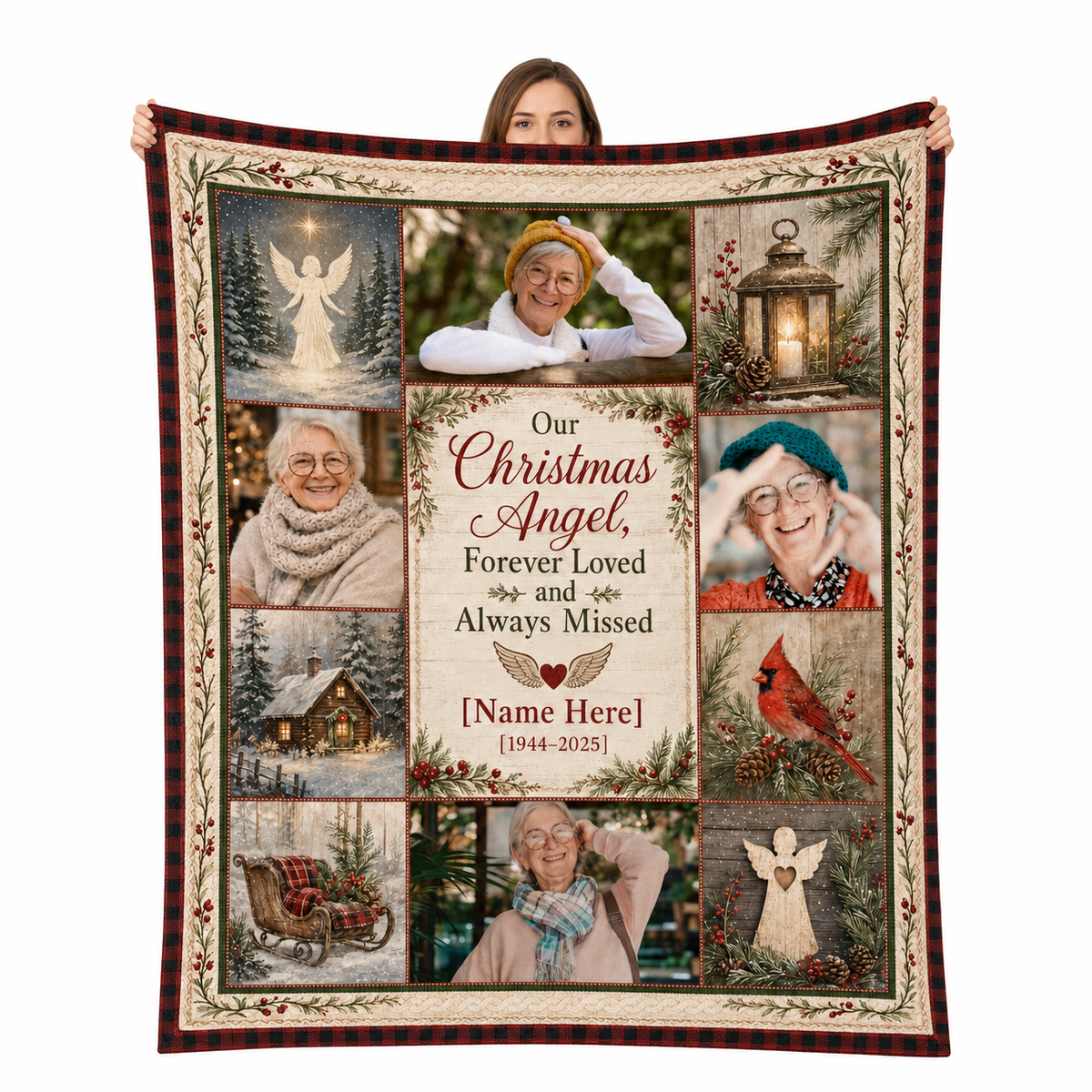 custom photo memorial blanket with angel angel and lantern collage held up