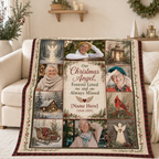 custom photo blanket hanging on string in christmas room with angel
