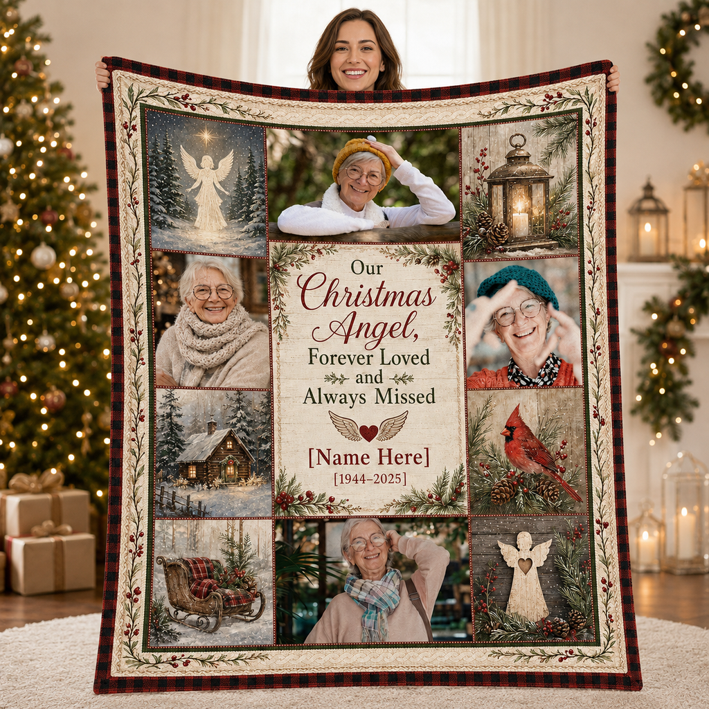 memorial blanket held up showing photo collage with Our Christmas Angel quote