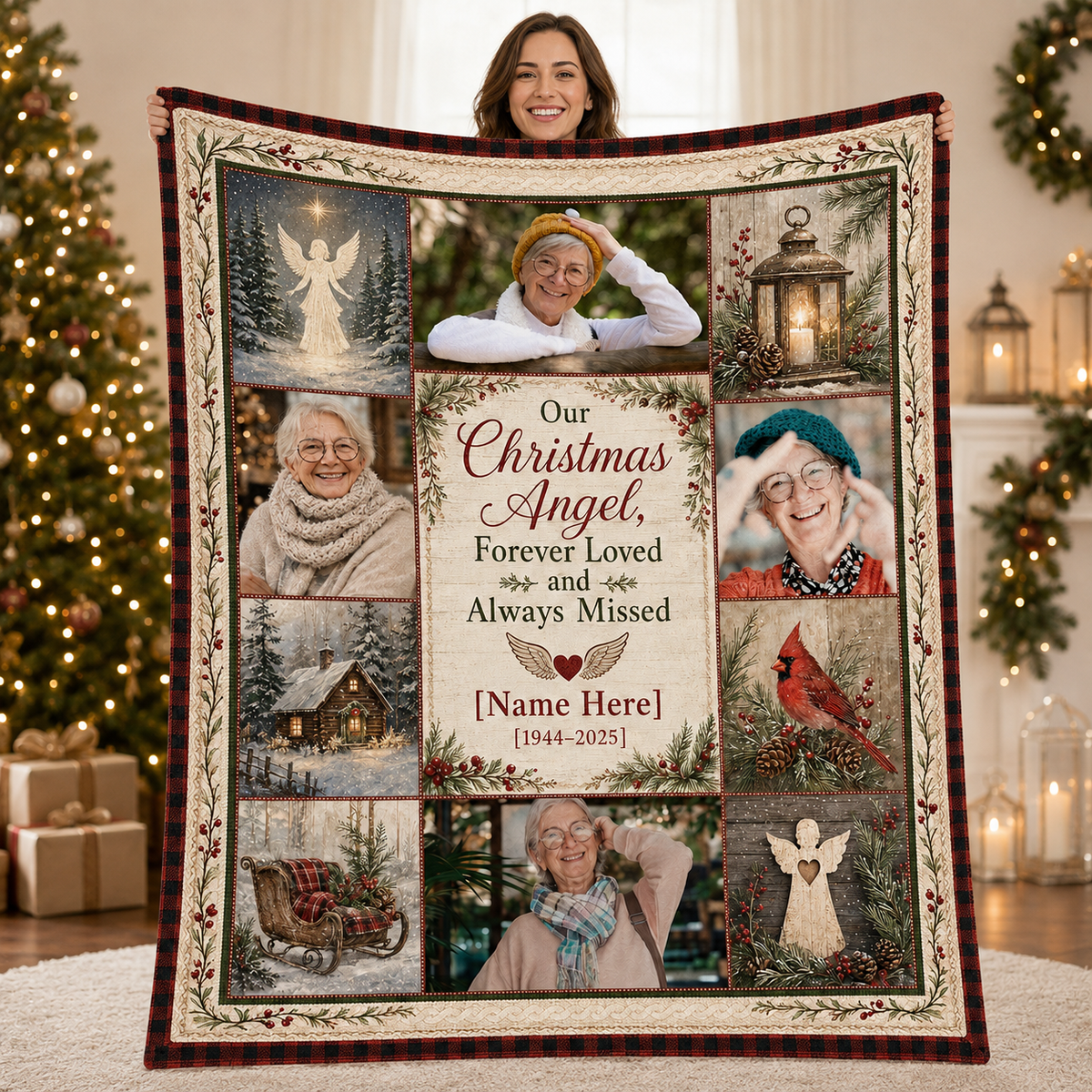 memorial blanket held up showing photo collage with Our Christmas Angel quote
