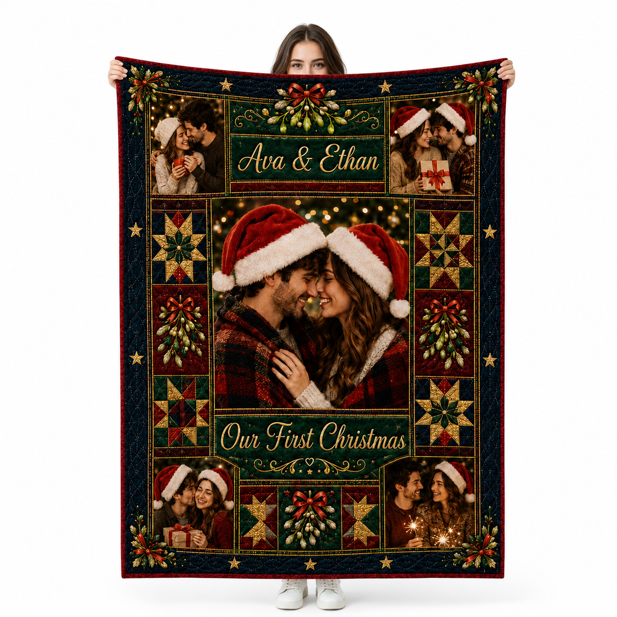 couple photo collage flannel fleece blanket with our first christmas banner