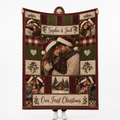 red and green plaid photo collage blanket held up against white background