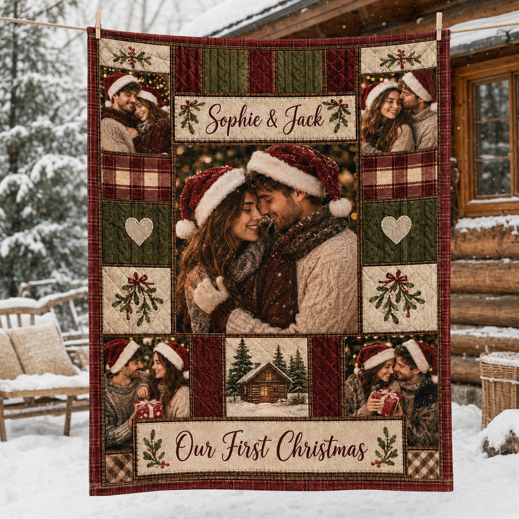 photo collage fleece blanket hanging on a snowy cabin porch