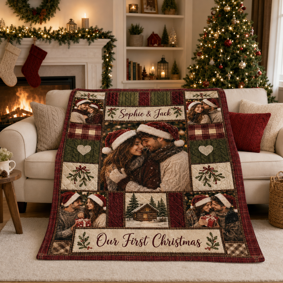 custom photo couple blanket draped over a couch beside a christmas tree