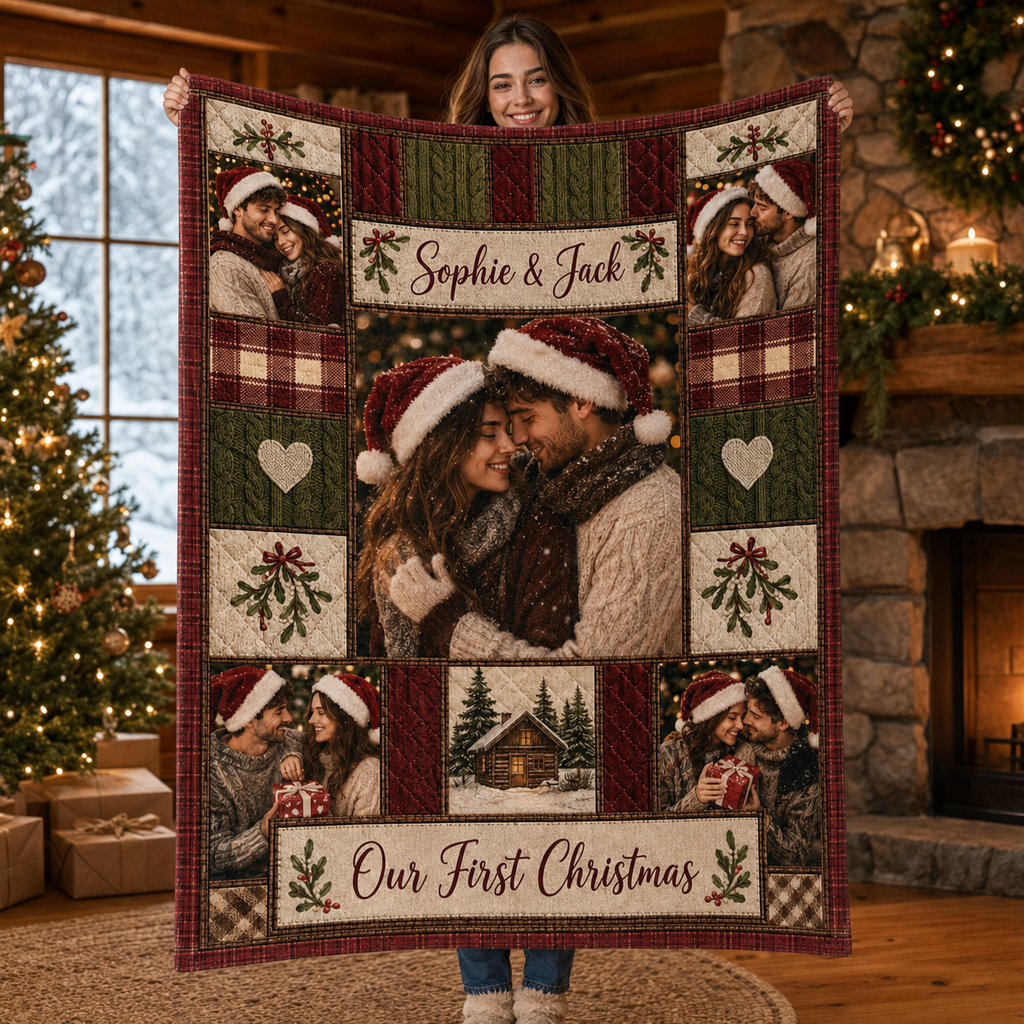 smiling person holding up a personalized first christmas photo blanket indoors