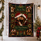 navy holiday photo throw draped over a couch in a living room