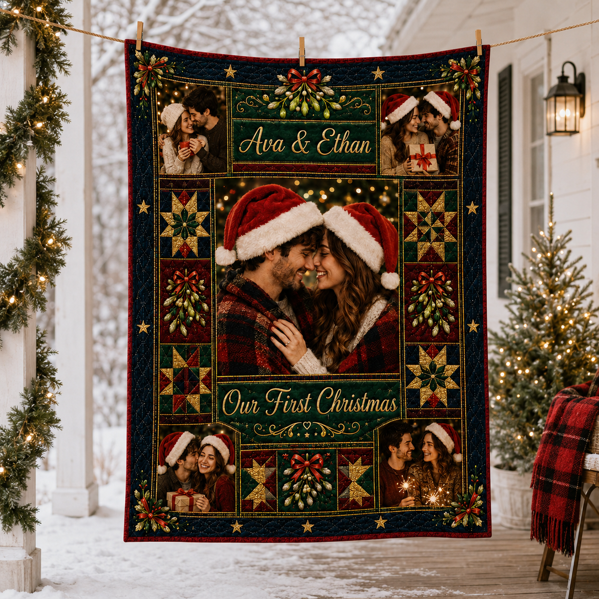 navy holiday photo throw draped over a couch in a living room