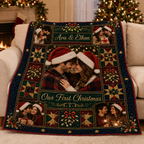 our first christmas custom photo blanket hanging on a snowy porch