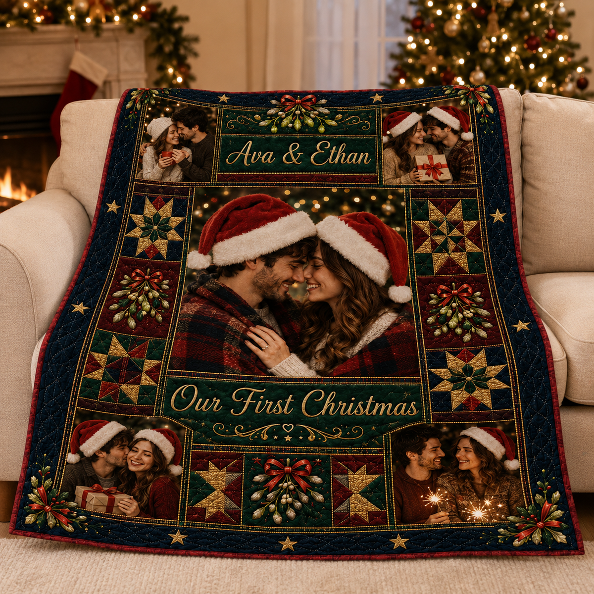 our first christmas custom photo blanket hanging on a snowy porch