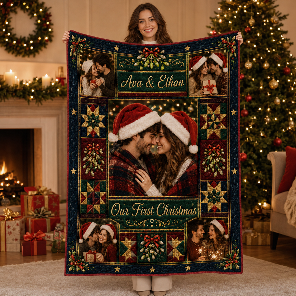 woman holding up a personalized couple photo blanket in a decorated room