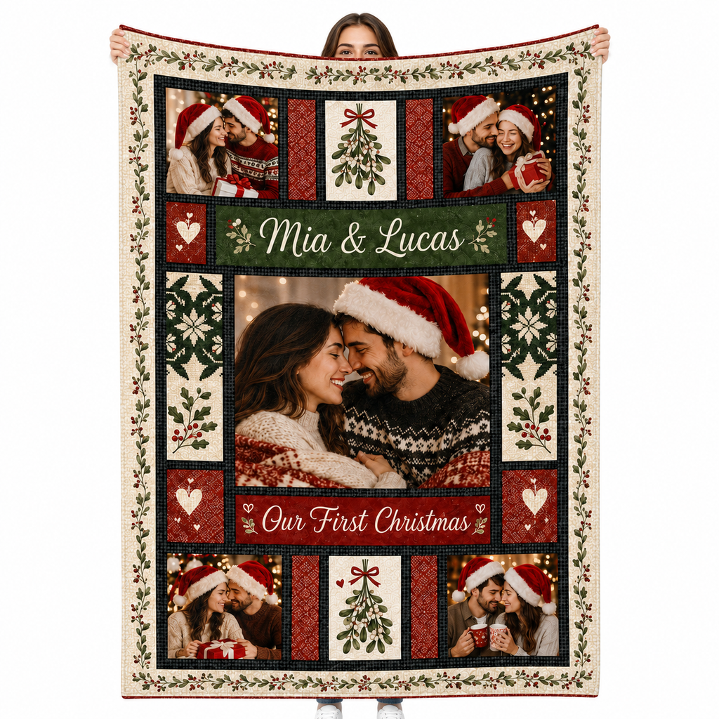 custom photo fleece blanket with couple photos and christmas holly border