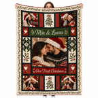 custom photo fleece blanket with couple photos and christmas holly border