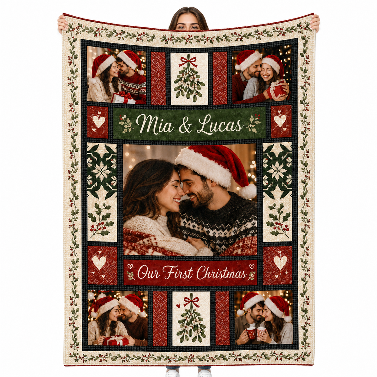 custom photo fleece blanket with couple photos and christmas holly border
