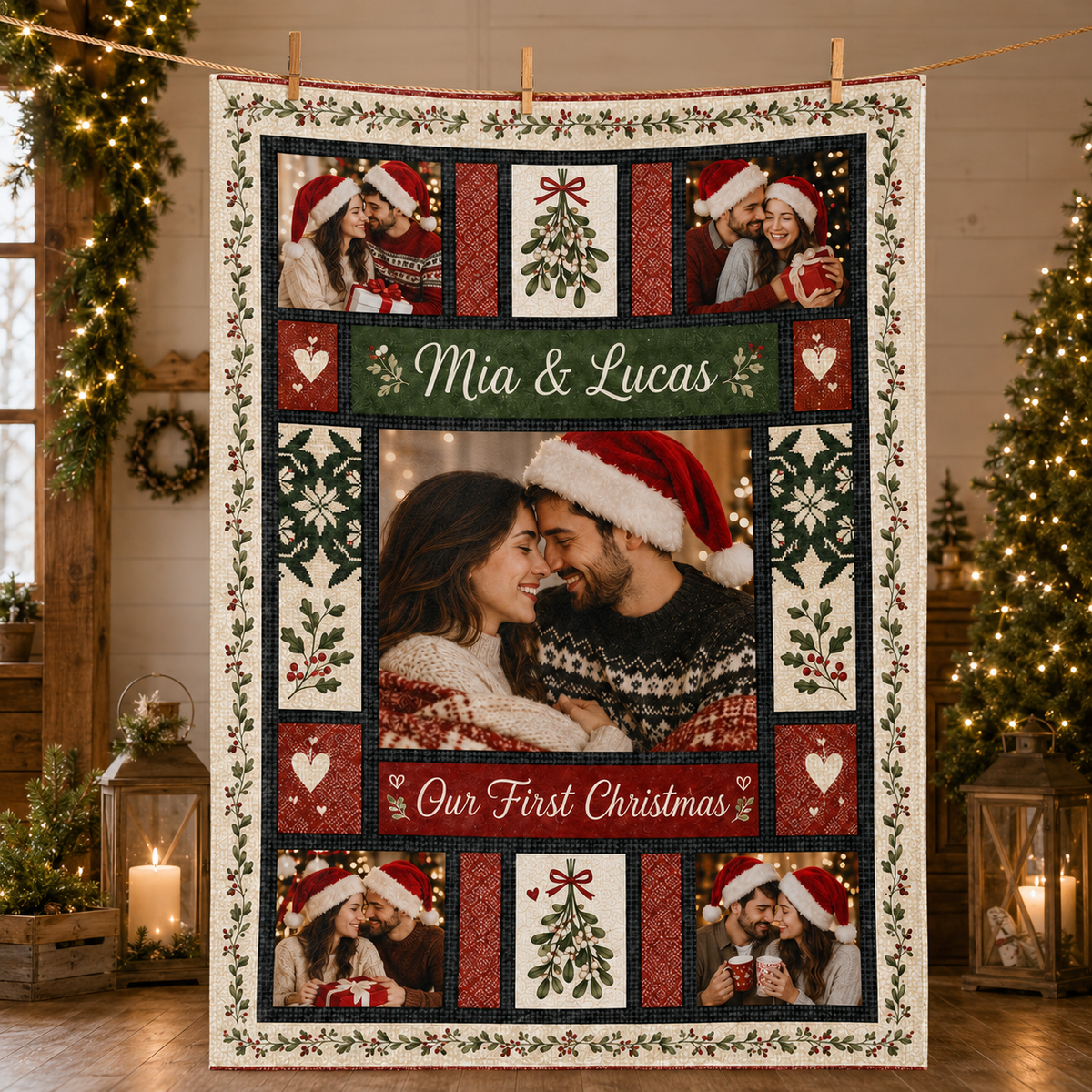 christmas throw blanket hanging by the fireplace with festive couple design