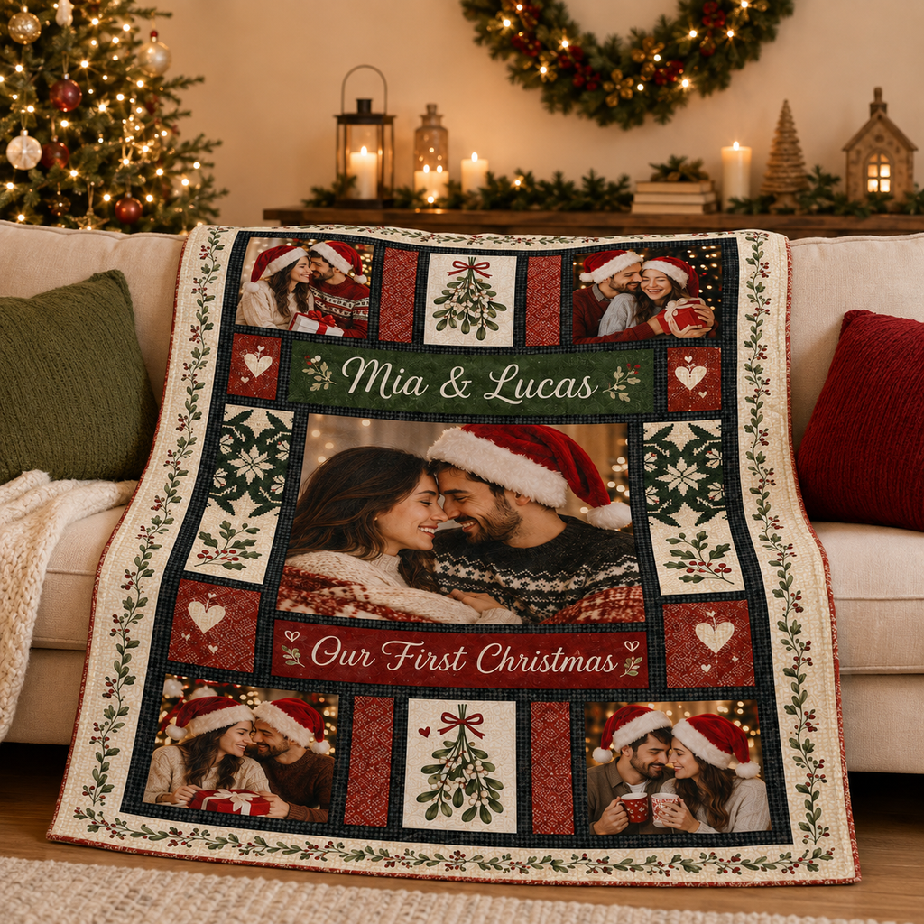 plush fleece blanket draped over a couch with our first christmas layout