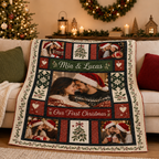 plush fleece blanket draped over a couch with our first christmas layout