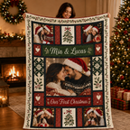 personalized photo blanket held up with couple portrait and snowflake frame