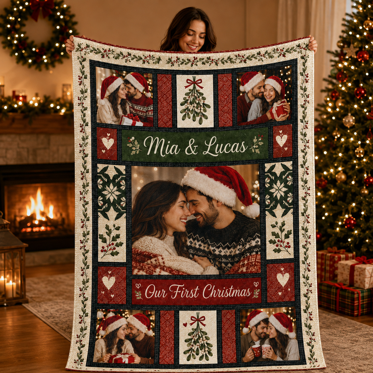 personalized photo blanket held up with couple portrait and snowflake frame