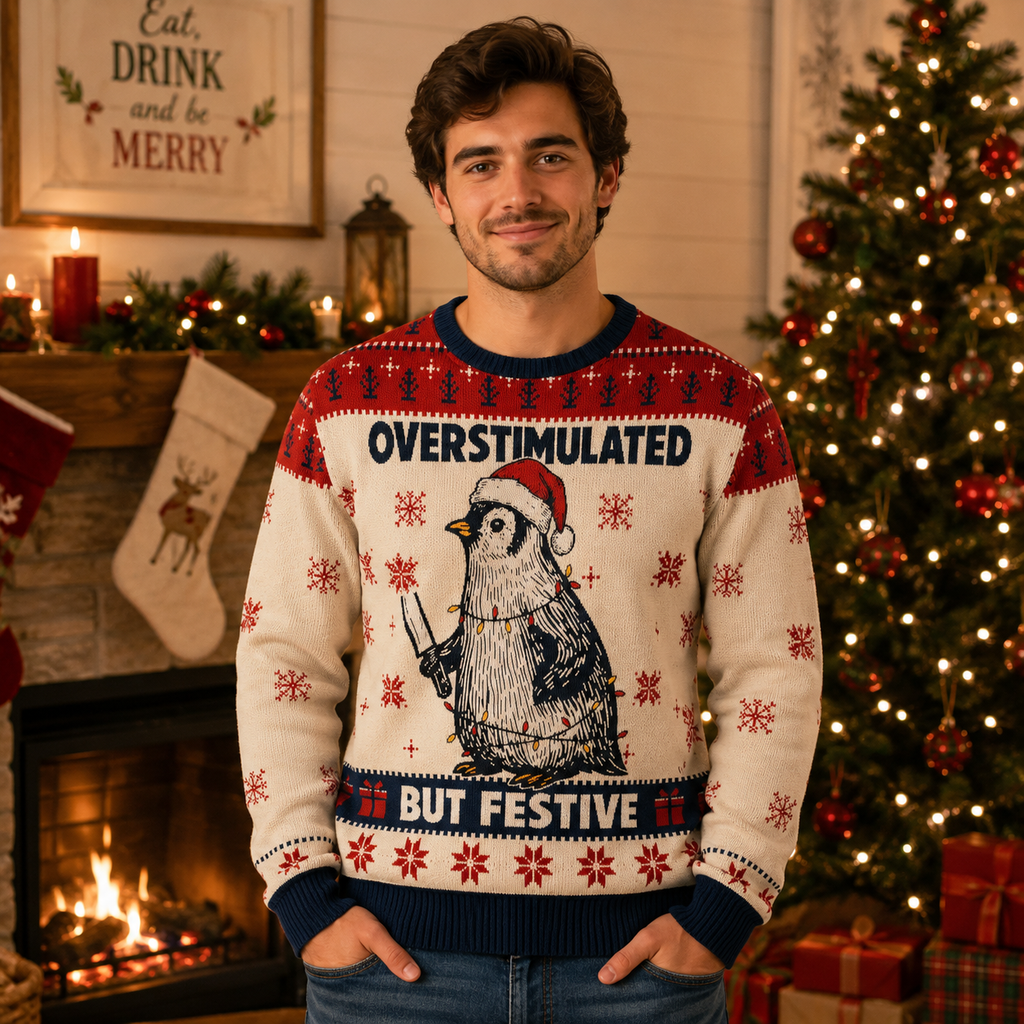model wearing an ugly christmas sweater with overstimulated but festive slogan and