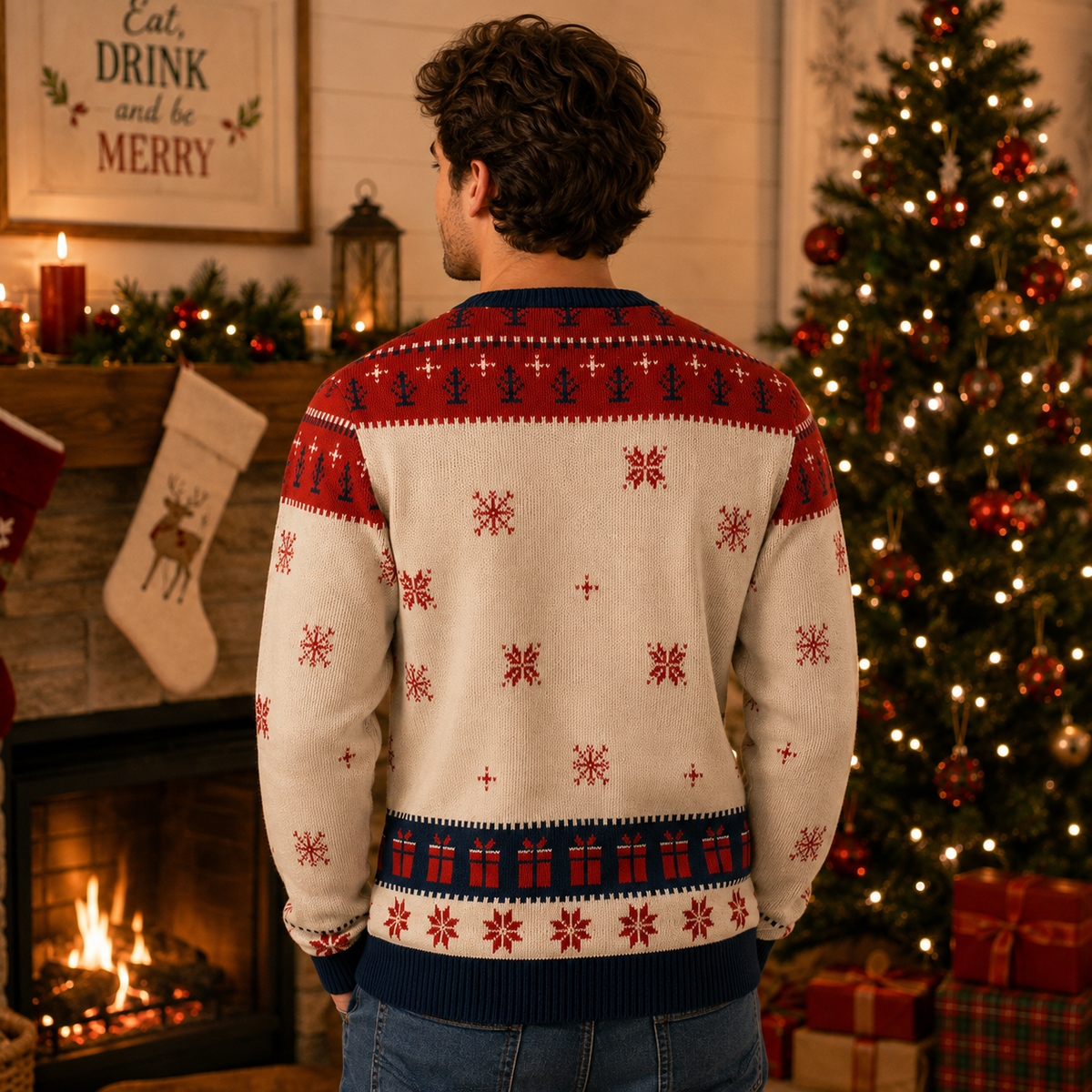 back view of the knitted ugly christmas sweater showing fair isle yoke