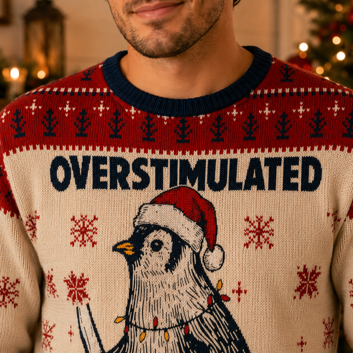 close up of the overstimulated but festive slogan and bird artwork on