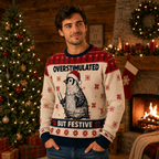 model in jeans wearing the overstimulated but festive ugly christmas sweater in