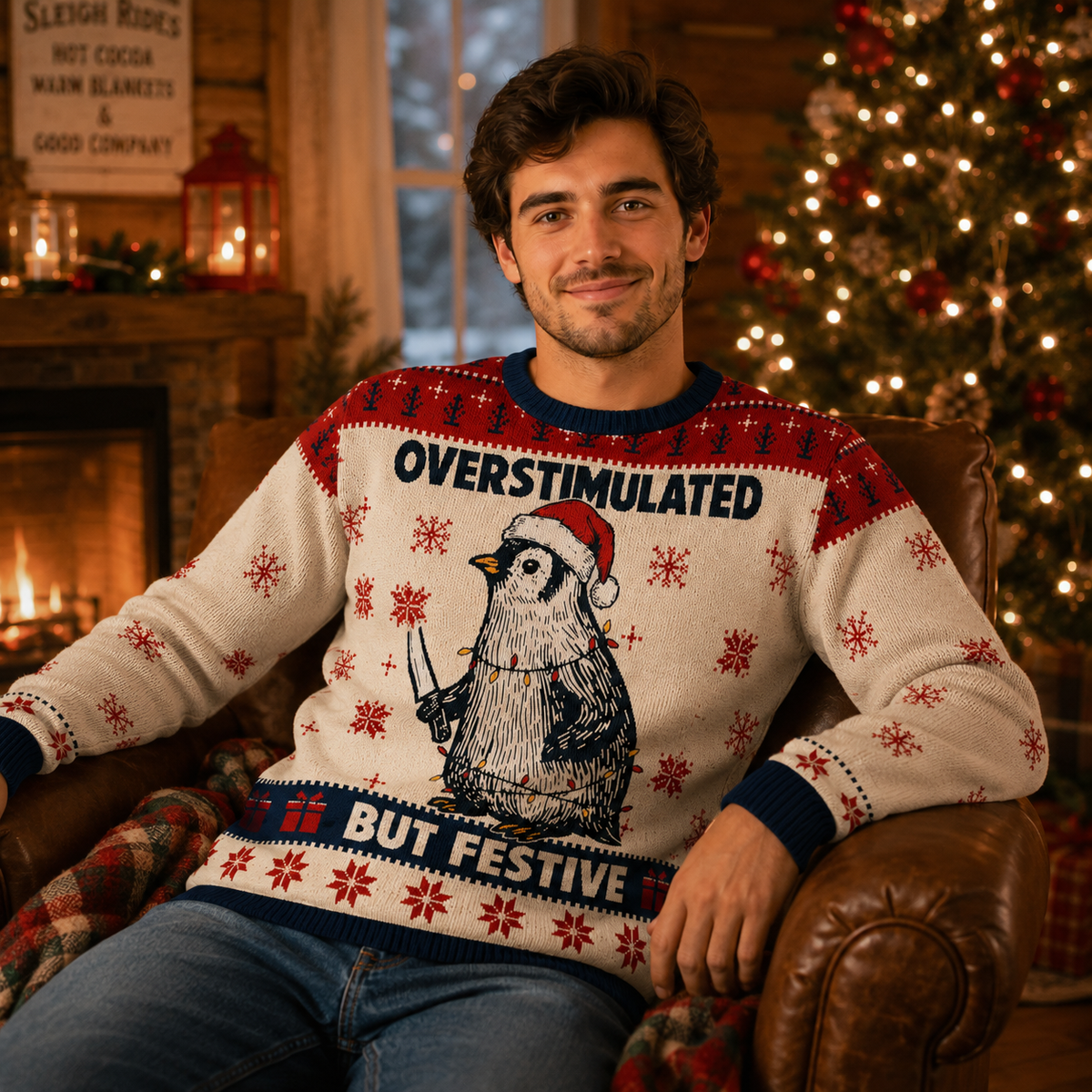 Overstimulated But Festive Ugly Christmas Sweater, Funny Xmas Jumper, Real Knit Pullover Gifts For Party Host