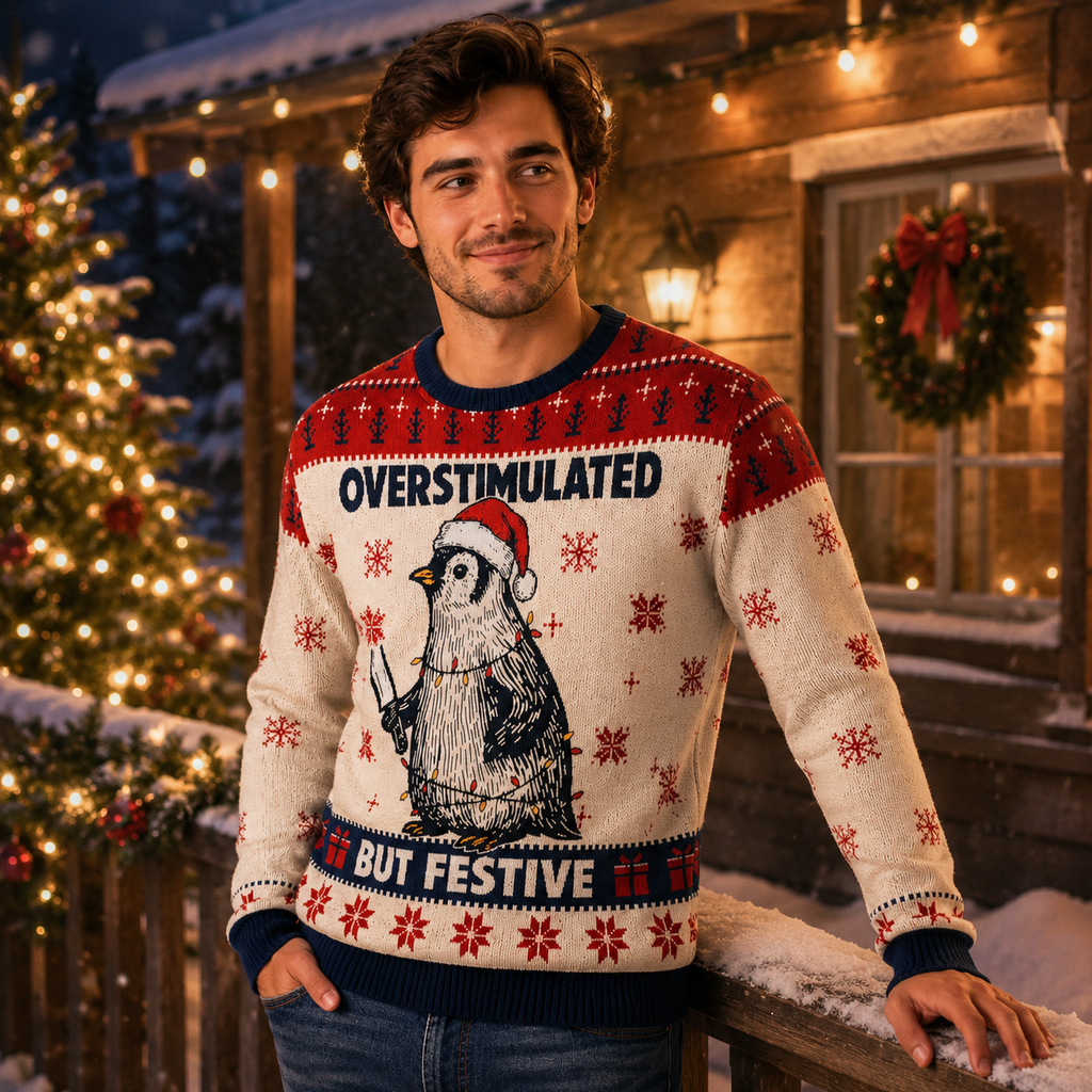 Overstimulated But Festive Ugly Christmas Sweater, Funny Xmas Jumper, Real Knit Pullover Gifts For Party Host