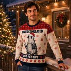 Overstimulated But Festive Ugly Christmas Sweater, Funny Xmas Jumper, Real Knit Pullover Gifts For Party Host