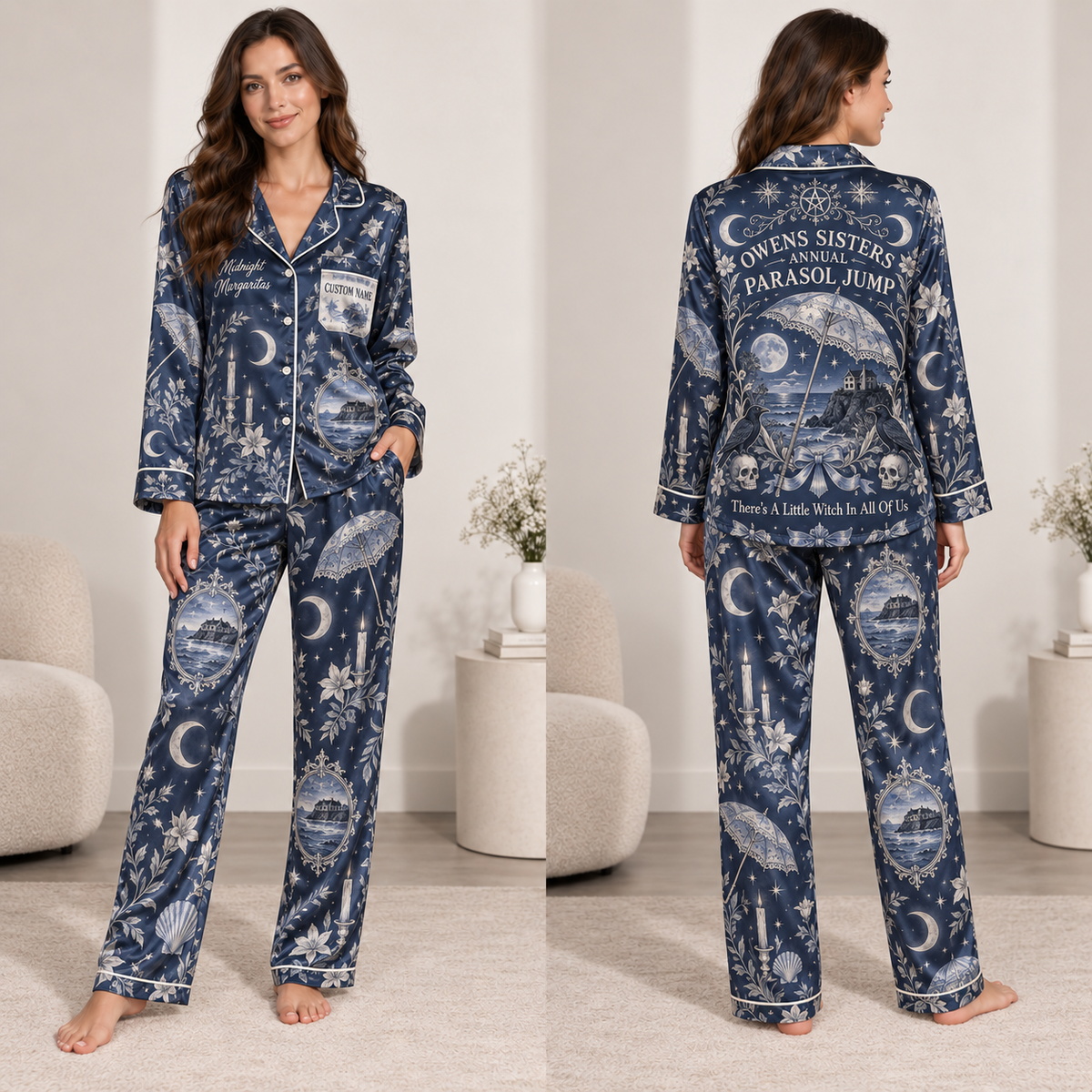 woman modelling a personalised halloween satin pajama set with an all-over witchy