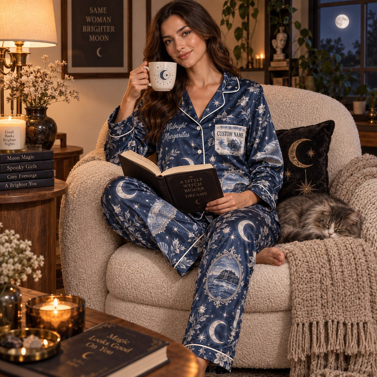 bedroom scene of a model wearing personalised halloween satin pajamas with matching